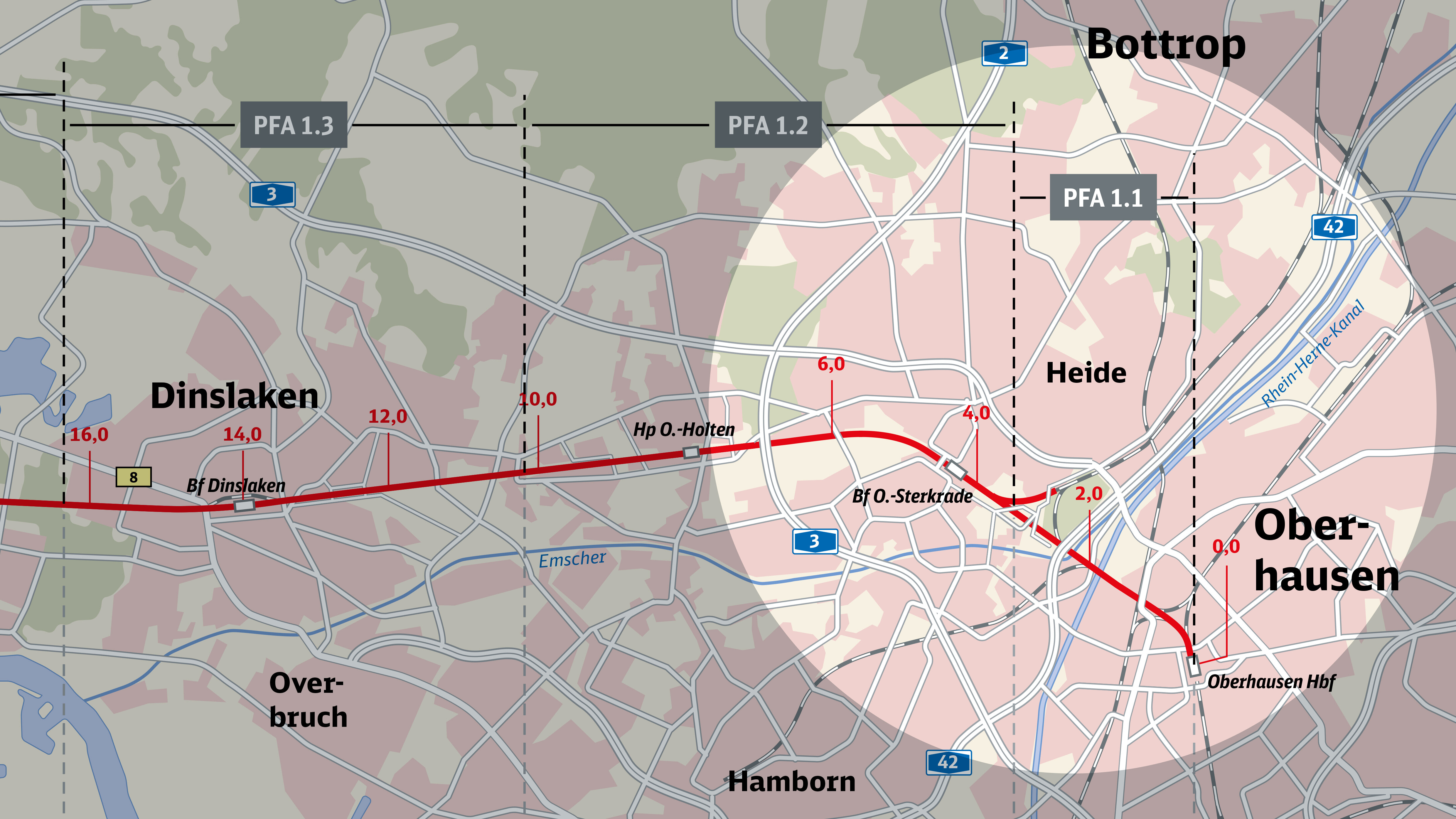 Die Karte zeigt die Strecke Emmerich-Oberhausen mit Fokus auf den Bauabschnitt 1a – Oberhausen.  Die Karte zeigt die Strecke Emmerich-Oberhausen mit Fokus auf den Bauabschnitt 1a – Oberhausen.