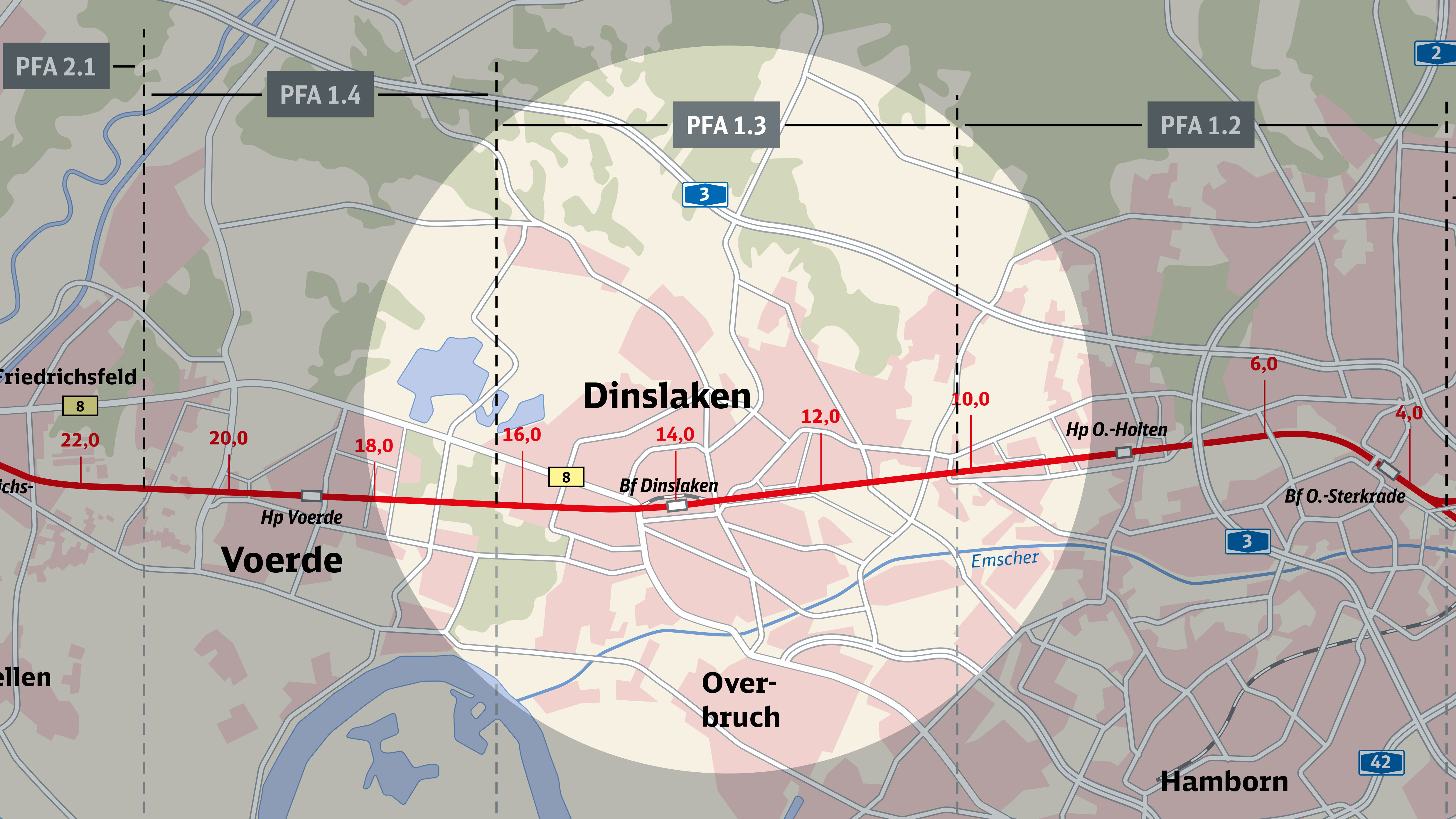 Die Karte zeigt die Strecke Emmerich-Oberhausen mit Fokus auf den Bauabschnitt 2 – Dinslaken.  Die Karte zeigt die Strecke Emmerich-Oberhausen mit Fokus auf den Bauabschnitt 2 – Dinslaken.