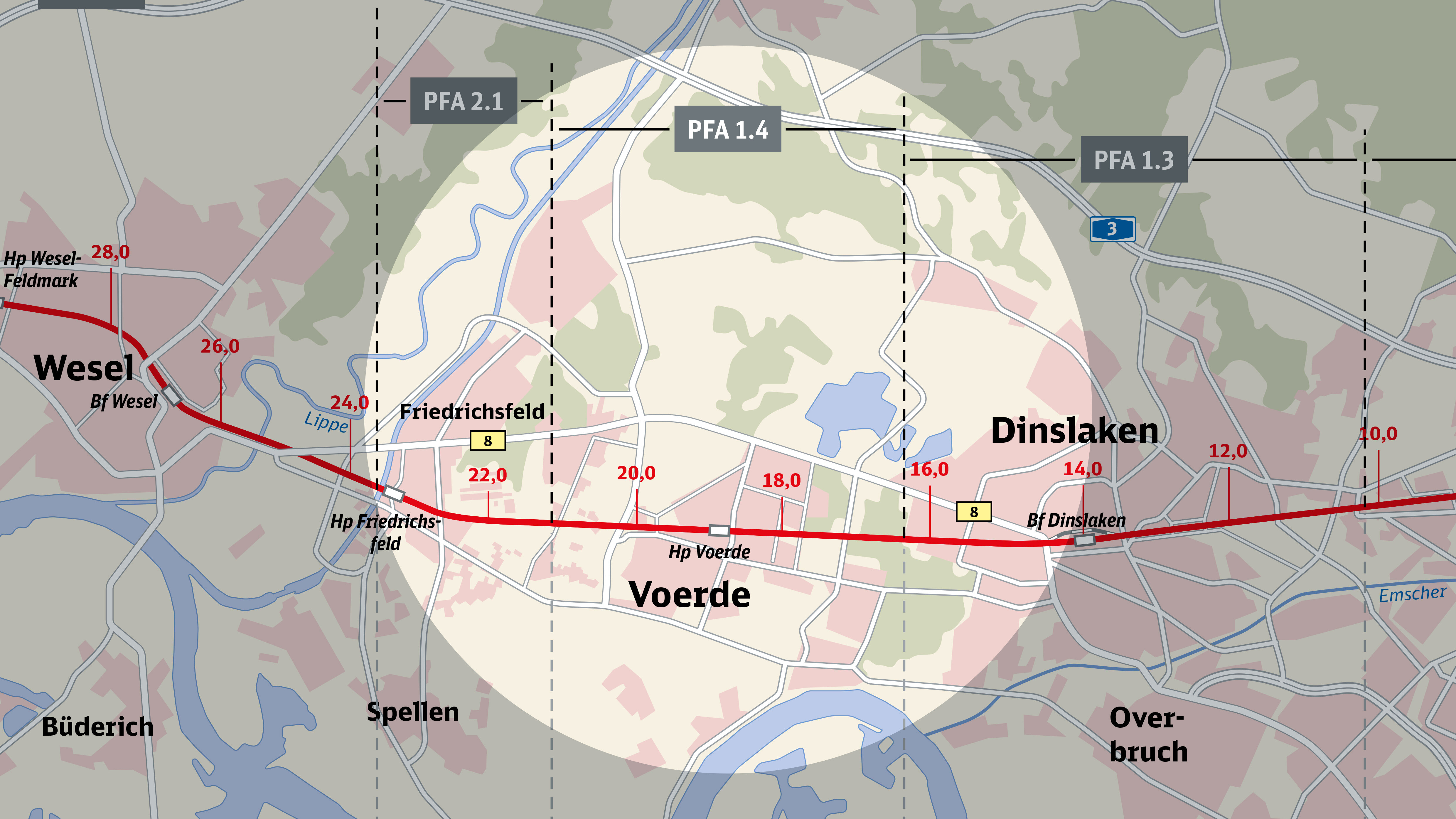 Die Karte zeigt die Strecke Emmerich-Oberhausen mit Fokus auf den Bauabschnitt 2 – Voerde.  Die Karte zeigt die Strecke Emmerich-Oberhausen mit Fokus auf den Bauabschnitt 2 – Voerde.