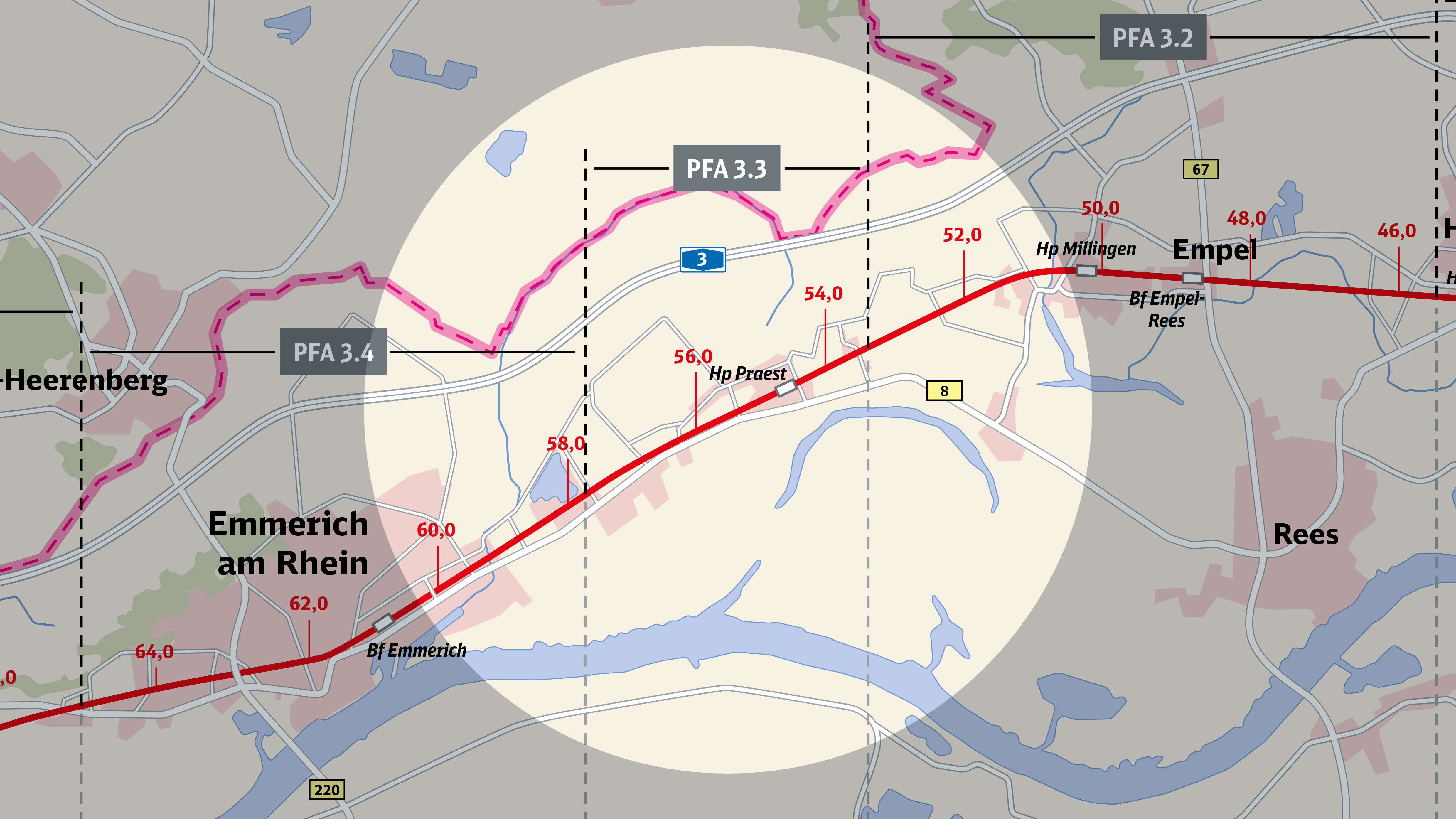 Die Karte zeigt die Strecke Emmerich-Oberhausen mit Fokus auf den Bauabschnitt 5a – Emmerich-Praest.  Die Karte zeigt die Strecke Emmerich-Oberhausen mit Fokus auf den Bauabschnitt 5a – Emmerich-Praest.