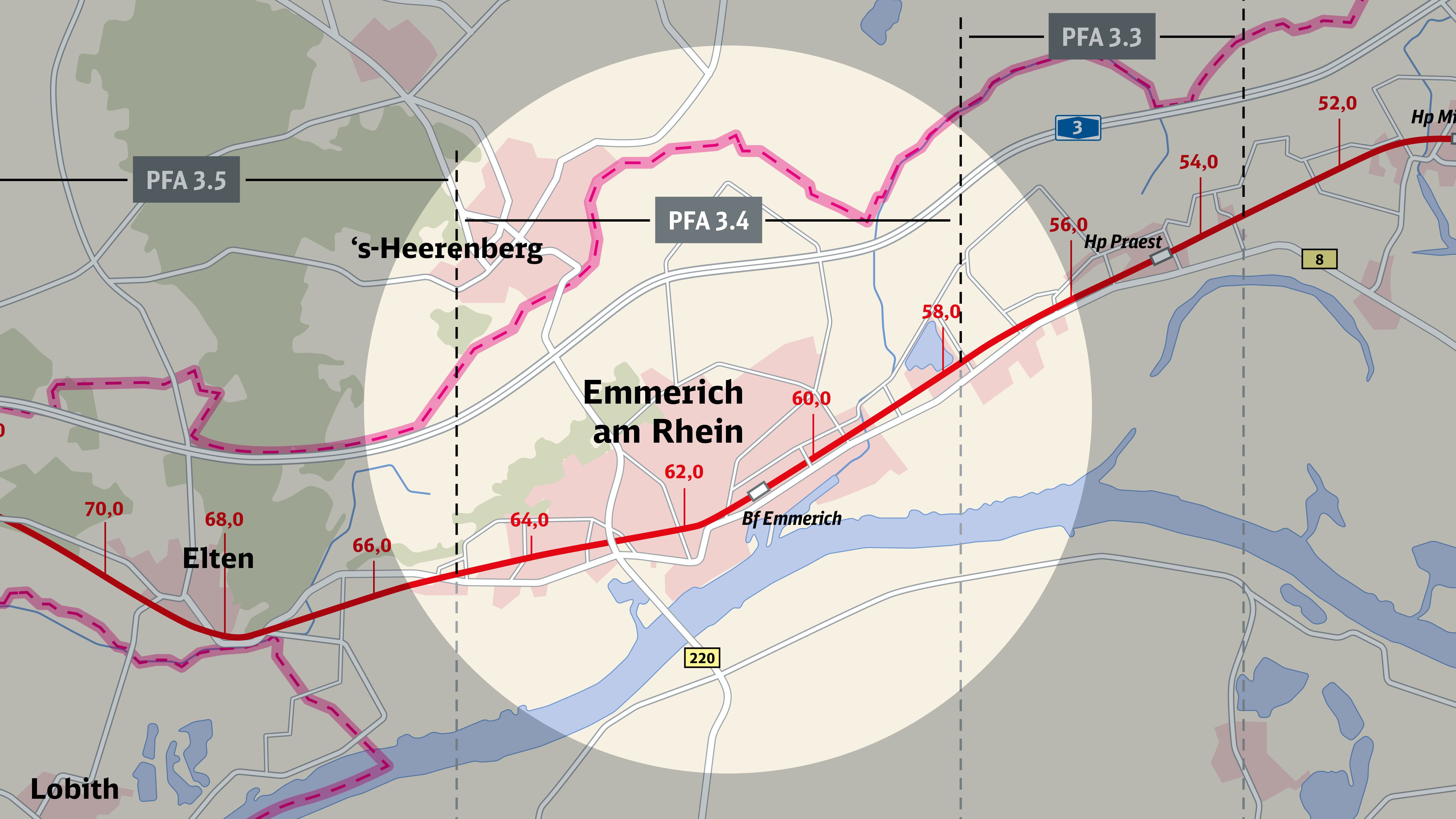 Die Karte zeigt die Strecke Emmerich-Oberhausen mit Fokus auf den Bauabschnitt 5b – Emmerich am Rhein.  Die Karte zeigt die Strecke Emmerich-Oberhausen mit Fokus auf den Bauabschnitt 5b – Emmerich am Rhein.