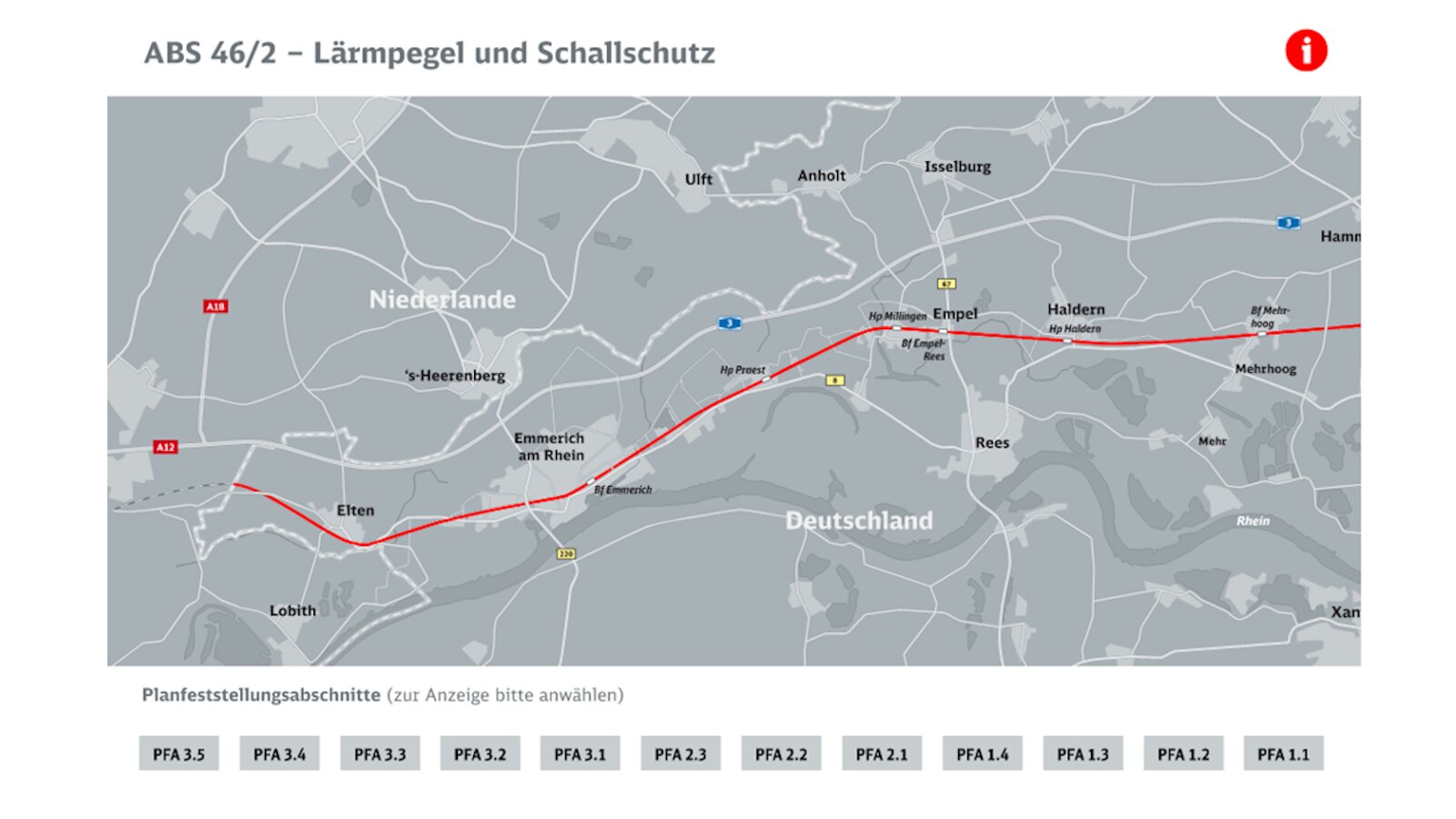 Die Karte zeigt die gesamte Strecke Emmerich-Oberhausen und den IST-Zustand des Lärmpegels. In der Karte erfahren Sie, wie hoch der Lärmpegel nach unserem Ausbau sein wird. Die Karte zeigt die gesamte Strecke Emmerich-Oberhausen und den IST-Zustand des Lärmpegels. In der Karte erfahren Sie, wie hoch der Lärmpegel nach unserem Ausbau sein wird.