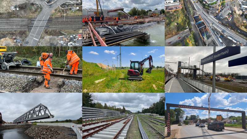 Die Collage zeigt mehrere Baumaßnahmen im Jahr 2024 in allen Bauabschnitten der Ausbaustrecke Emmerich-Oberhausen. Die Collage zeigt mehrere Baumaßnahmen im Jahr 2024 in allen Bauabschnitten der Ausbaustrecke Emmerich-Oberhausen.